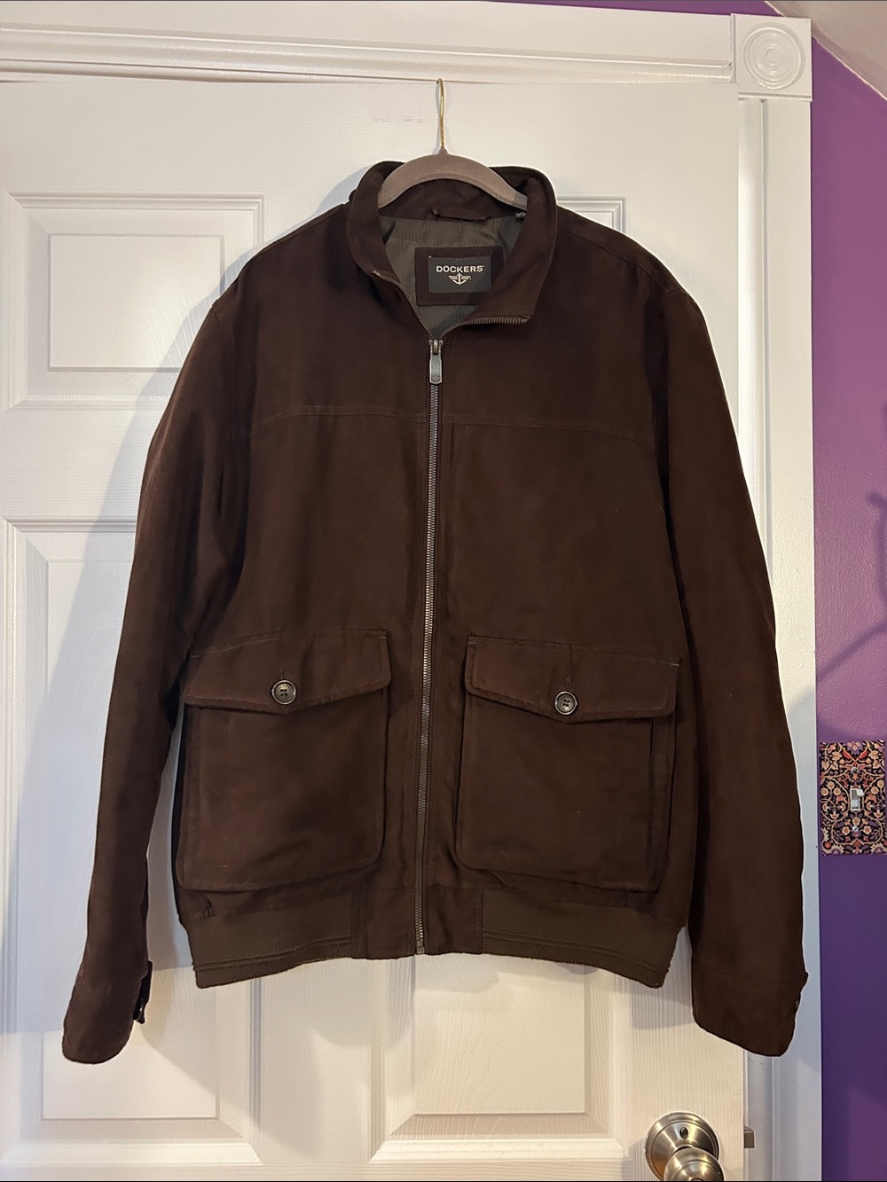 Dockers Men's Dark Brown Bomber Jacket with Front Flap Pockets